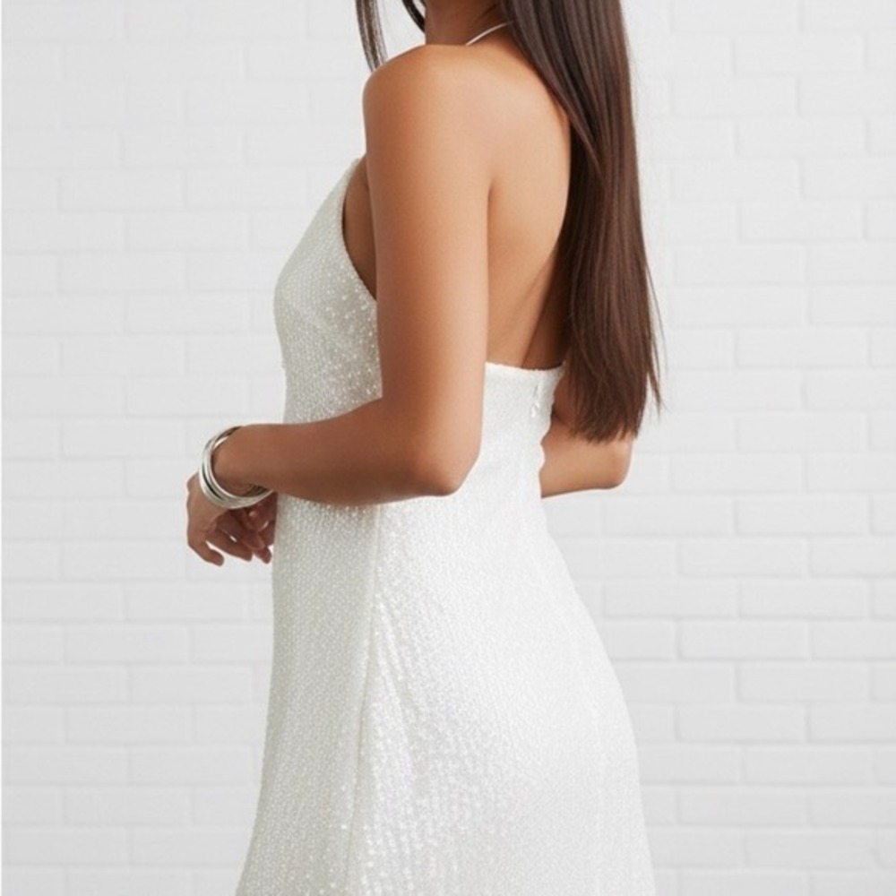 Princess Polly White Sequin Halter Mini Dress Open Back Front Tie US 4 - Picture 2 of 8